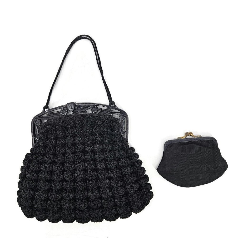 Vintage Crotchet Black Celluloid Floral Frame Handbag Purse Made in USA